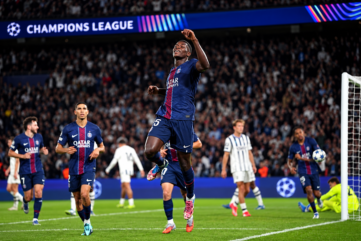 Nuno Mendes celebrating a Champions League goal for Paris Saint-Germain